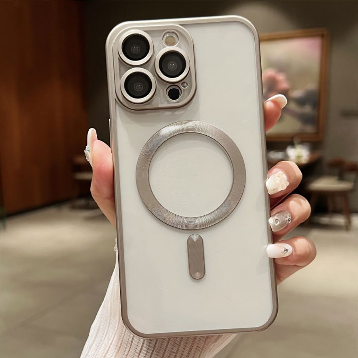 Rakuten - iPhoneケース 透明　クリア ソフトケース ピンク シルバー iPhone16ケース アイフォンケース マグセーフ magsafe ワンタッチ吸着 チタニウム メタル 高見え カメラレンズ保護 シンプル 大人っぽい おしゃれ ユニセックス