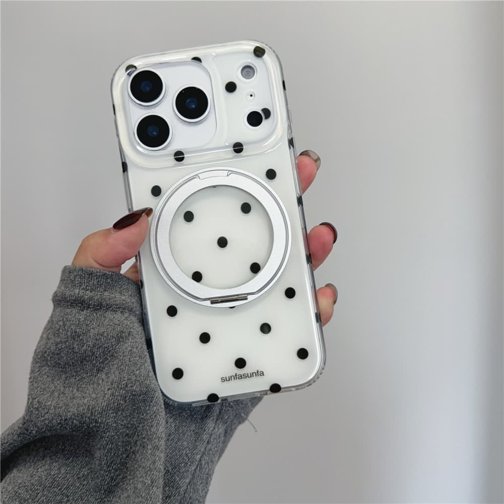 360度回転リング付き スマホケース 可愛い ドット柄 水玉 マグセーフ対応 iPhoneケース ソフトケース 耐衝撃 薄型 軽量 シリコン　カメラ保護 落下対策 iPhoneケース Y2K magsafe リング付き スタンド付き 白 黒 モノトーン マグネット対応 ギフト SNS映え