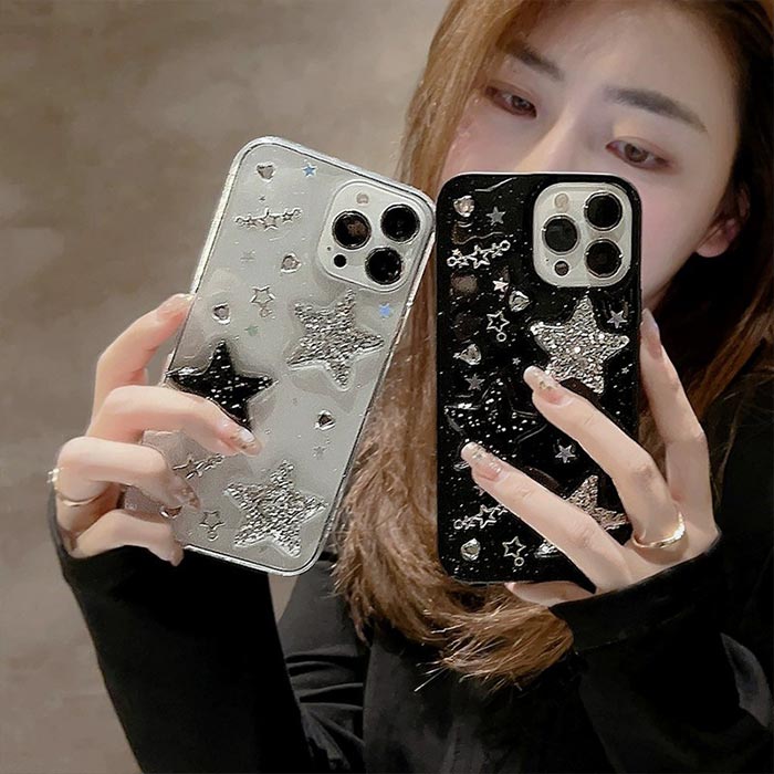 キラキラ ステッカー風 iPhoneケース 3Dスター ブラック ホワイト 星 クリア 透明 ...
