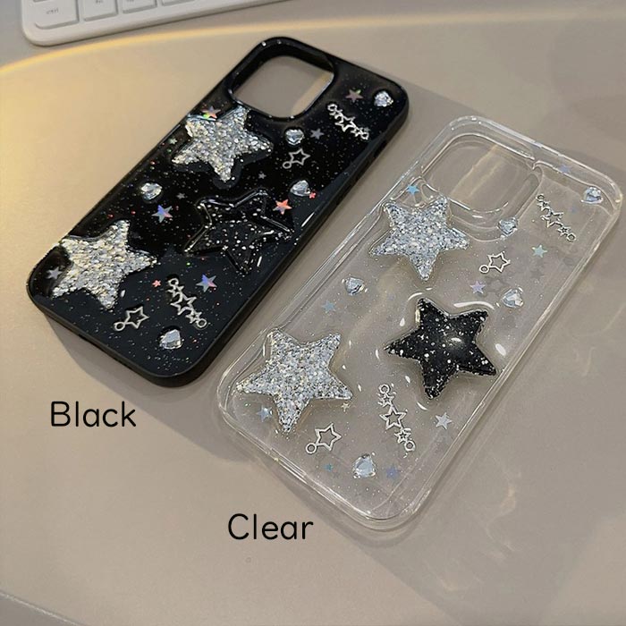 キラキラ ステッカー風 iPhoneケース 3Dスター ブラック ホワイト 星 クリア 透明 ...