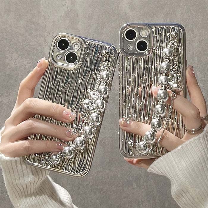 即完売！iPhone16ケース 波 キラキラ パール チェーン ホルダー付き リング シルバ...