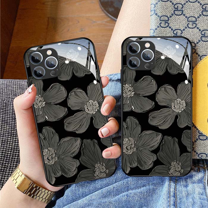 iPhone17ケース iPhone16Pro ケースiPhone15ケース フラワー 墨絵 ガラス風 iphone アイフォンケース ブラック iphoneカバー スマホケース 韓国 スマホカバー iPhone16 15 14 Plus Pro max mini ケース カバー アイフォン13ケース