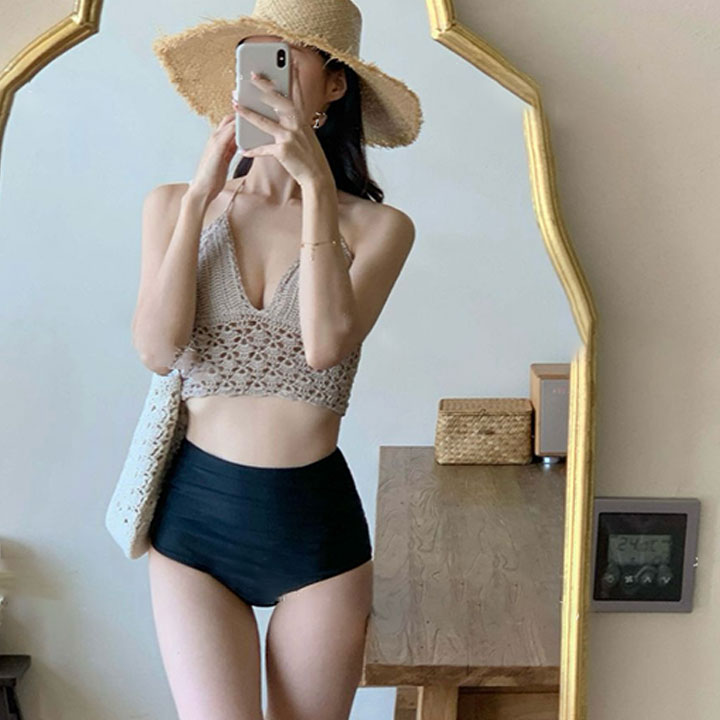 スイムウェア レディース水着 ビキニ クロシェ かぎ編み ハイウエスト ホルターネック バイカラー ツートン おしゃれ 大人っぽい 体型カバー ママ水着 リゾート 海 プール フェス