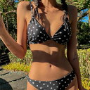 ホルターネック レディース水着 水玉 ドット 三角ビキニ ローライズ 可愛い シンプル ブラック 見せブ