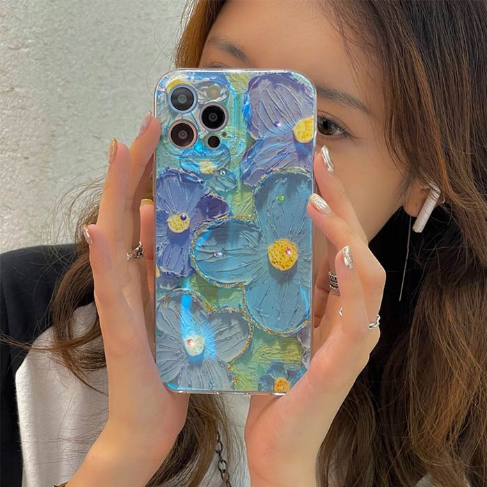 iPhone16ケース iPhone15ケース iPhoneケース フラワー 総柄 絵 ブルー イエロー ...