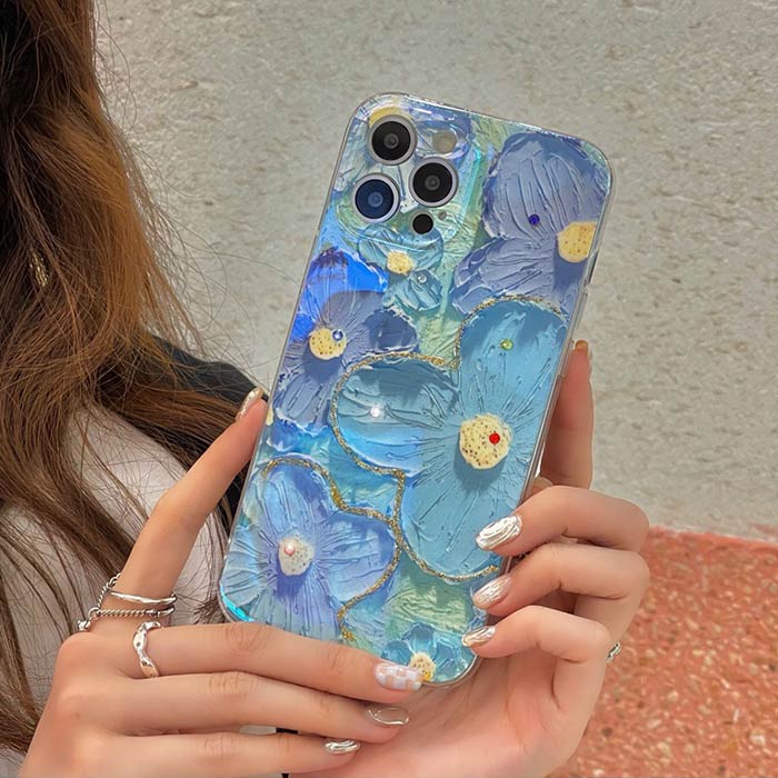 iPhone16ケース iPhone15ケース iPhoneケース フラワー 総柄 絵 ブルー イエロー ...