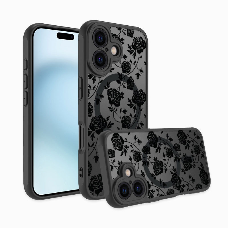 iPhone17ケース マグセーフ充電対応 iPhoneケース ローズ 黒 花柄 iPhone17Proケー...