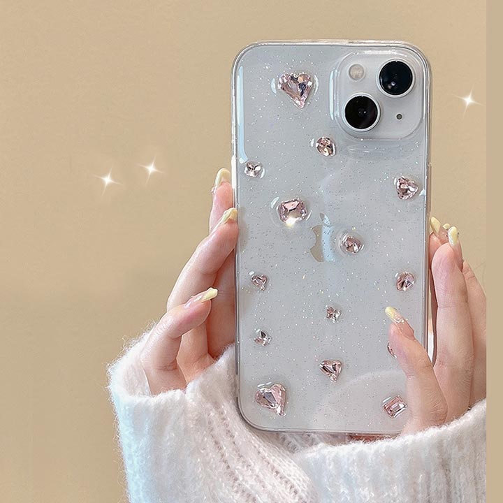 iPhone17ケース 透明 クリア おしゃれ 大人可愛い ラインストーン ビジュー ピンク...