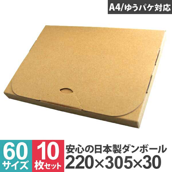 ゆうパケット ダンボール 60サイズ 305mm×220mm×30mm 段ボール 箱 宅配 郵便 クリックポスト 対応 厚さ3cm A4サイズ 薄型 ダンボール箱 段ボール箱 メルカリ オークション 簡単 箱 収納 保管 発送