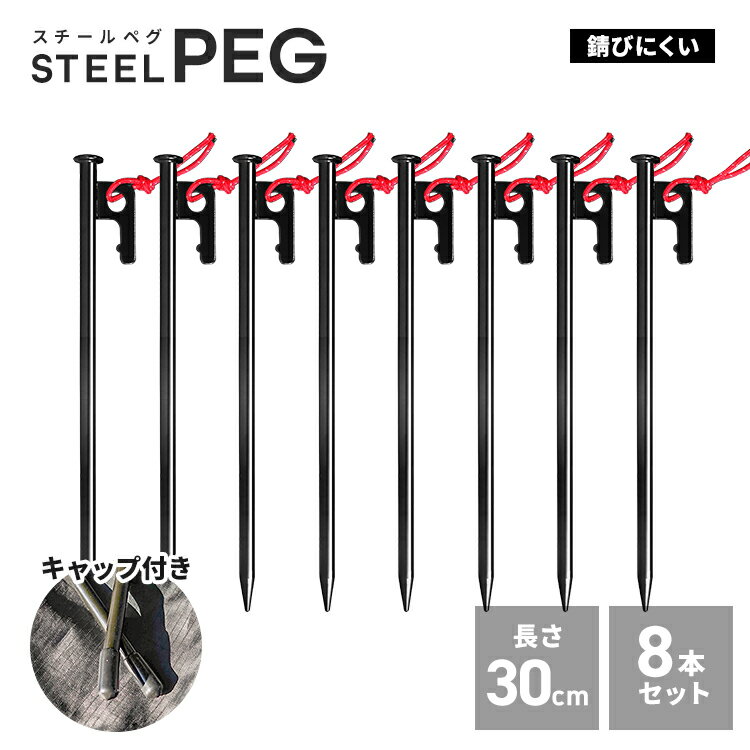 【クーポンで最大10%OFF】2026モデル ペグ スチール 30cm 8本 ペグセット 軽量 さびにくい 頑丈 炭素鋼製 収納袋 反射ロープ...