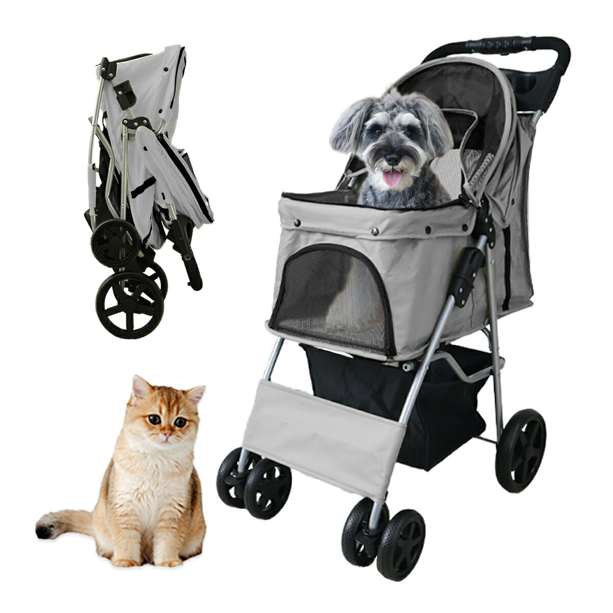 メッシュペットカート グレー グレー ペットカート 折りたたみ可能 メッシュ窓付き
