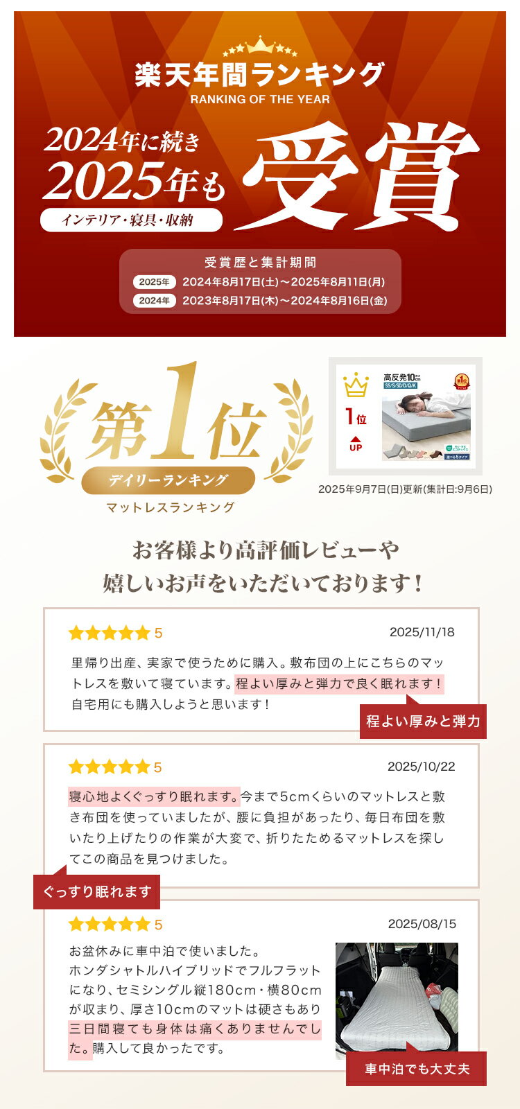 【SS限定クーポンで4,480円～】全部洗える 高反発マットレス 三つ折り 10cm 硬め 190N/210N 体圧分散 折りたたみ ウレタン ベッド対応 敷き布団 ベッドマットレス シングル セミダブル ダブル 来客用 収納 コンパクト 通気 メッシュ/パイル 新生活 引っ越し 一人暮らし - Image 2