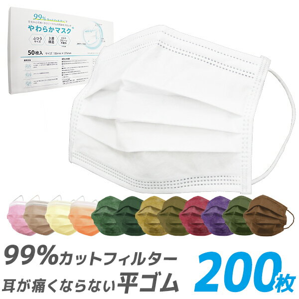【期間限定価格】【99%カット】マスク 50枚 4箱セット 200枚 在庫あり 平ゴム 耳が痛くならない 165mm 175mm 145mm 不織布マスク 大人用 使い捨てマスク 不織布 マスク 小さめ 3層構造 白 ホワイト 高密度フィルター ウイルス 飛沫防止 プリーツマスク 男女兼用 送料無料