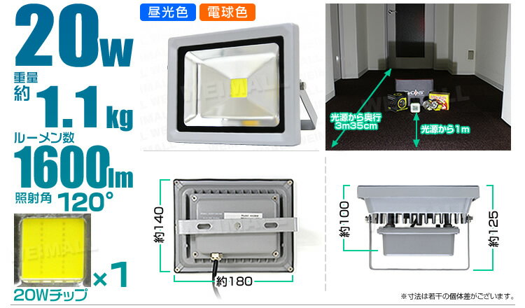 【スーパーSALE限定価格】1年保証 LED 投光器 20W 200W相当 LED投光器 昼光色 電球色 IP65 広角120度 ledライト LED投光機 看板灯 集魚灯 作業灯 舞台照明 屋内 屋外 照明 ポータブル投光器 防水加工 ACコード付 送料無料