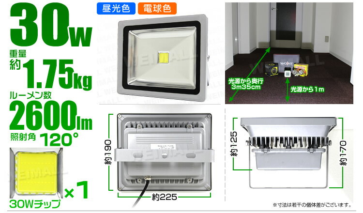 【スーパーSALE限定価格】1年保証 LED 投光器 30W 300W相当 LED投光器 昼光色 電球色 IP65 広角120度 ledライト LED投光機 看板灯 集魚灯 作業灯 舞台照明 屋内 屋外 照明 ポータブル投光器 ACコード付 送料無料