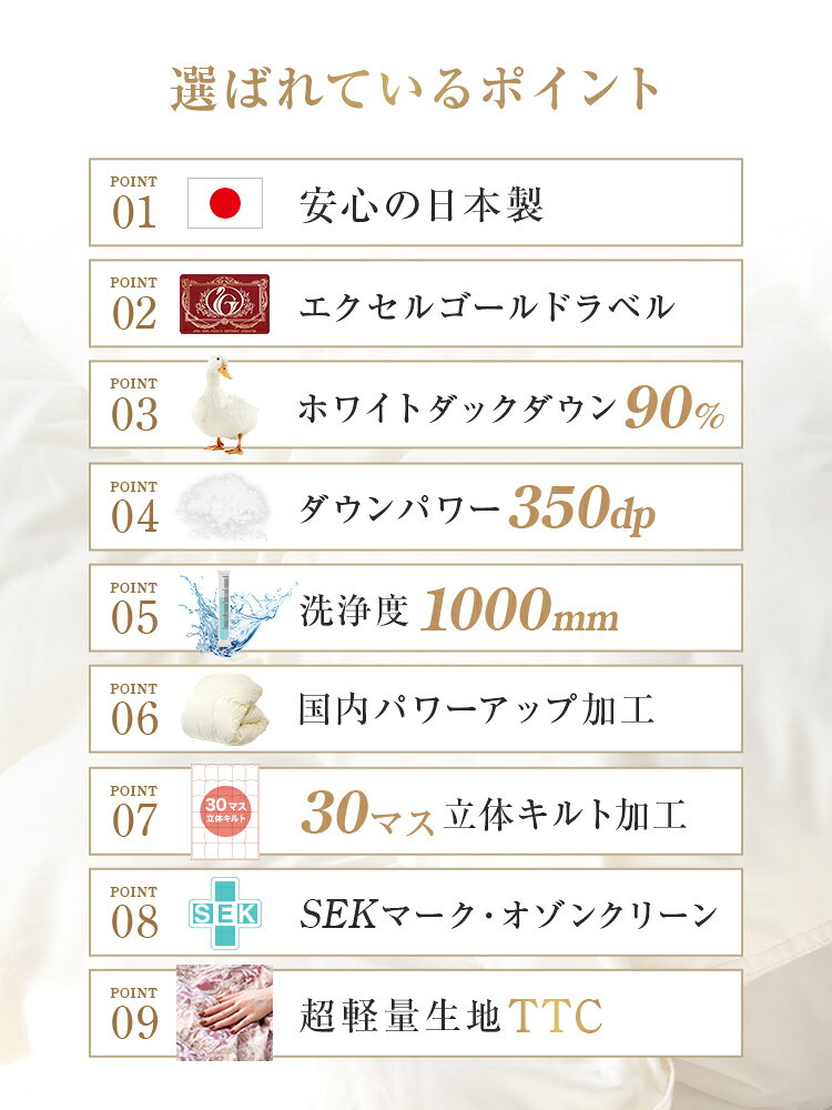 【最大2000円OFFクーポン】日本製 羽毛布団 暖か 30マス立体キルト ホワイトダックダウン 90％ 抗菌 消臭 350dp以上 羽毛 布団 掛け布団 軽い 暖かい 掛け布団 シングル セミダブル ダブル クイーン キング 掛布団 羽毛ふとん エクセルゴールドラベル 送料無料 weiwei-10022877 GARAGE COLLECTION サンプル画像2