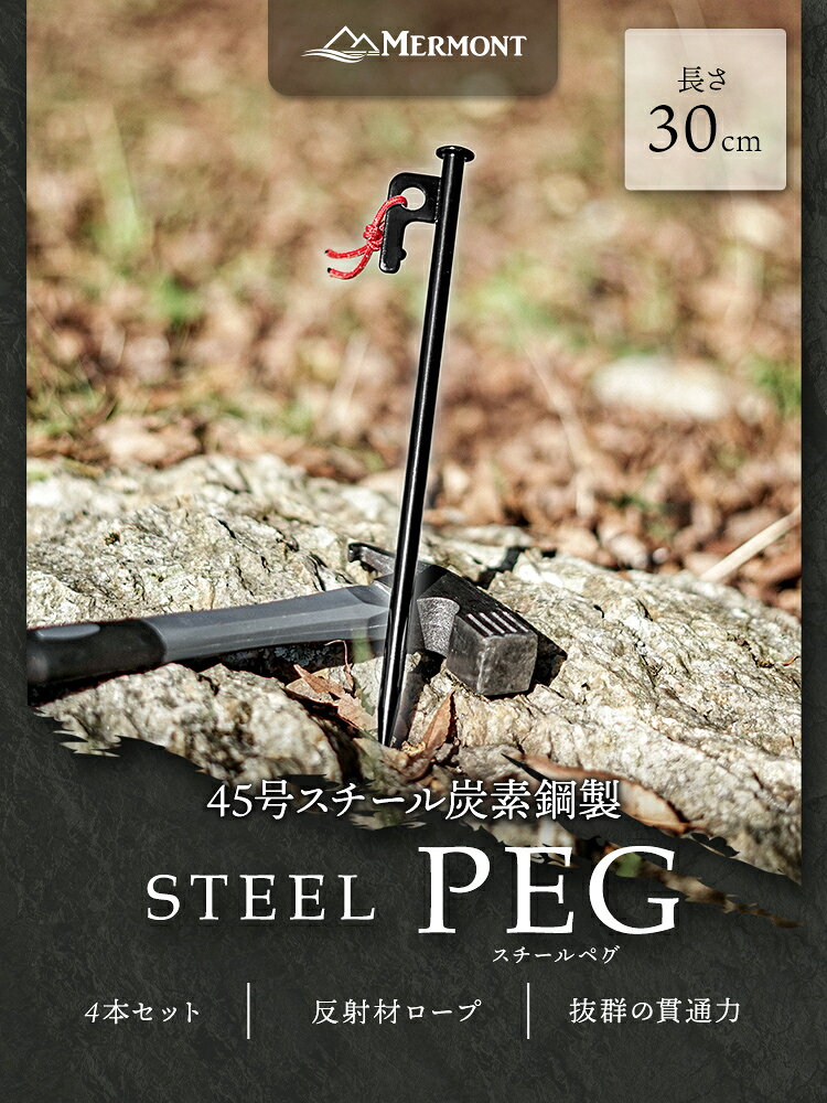 【クーポンで最大10%OFF】2026モデル ペグ スチール 30cm 4本 ペグセット 軽量 さびにくい 頑丈 炭素鋼製 収納袋 反射ロープ付き キャップ タープペグ テントペグ アウトドア タープ テント キャンプ 設営 山登り 登山 アウトドア weiwei-10024541 GARAGE COLLECTION サンプル画像2