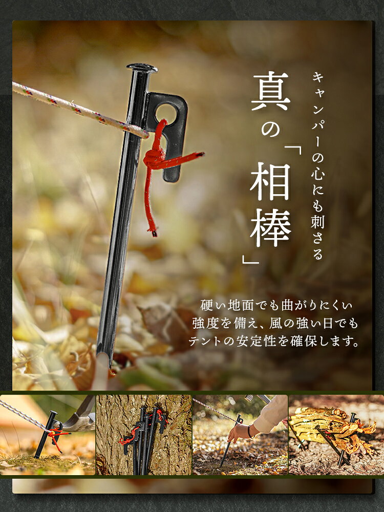 【クーポンで最大10%OFF】2026モデル ペグ スチール 30cm 4本 ペグセット 軽量 さびにくい 頑丈 炭素鋼製 収納袋 反射ロープ付き キャップ タープペグ テントペグ アウトドア タープ テント キャンプ 設営 山登り 登山 アウトドア weiwei-10024541 GARAGE COLLECTION サンプル画像3