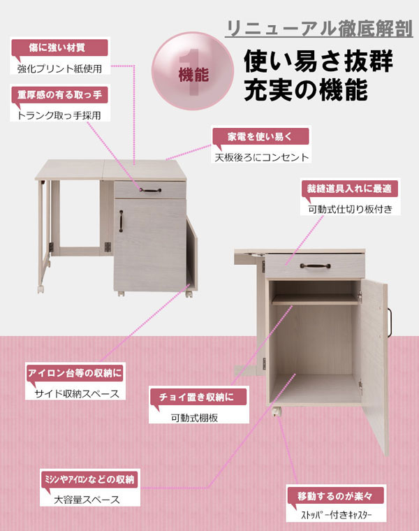 ミシン台ワゴン アイロン台 作業台 折りたたみテーブル式 ミシン収納 幅97cm 引き出し付 キャスター付 Late ラテ KT26-018-NS 2