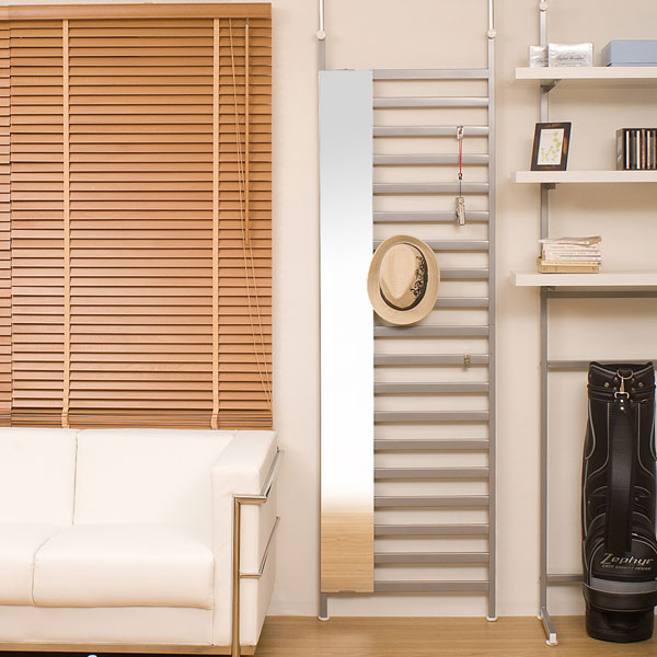 突っ張り ミラー付 パーテーション 幅60cm ラダーラック ハンガー 姿見 ウォールミラー NJ-0068