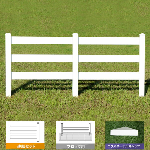 フェンス ホワイト バイナルフェンス アメリカン 樹脂 PVC 幅200cm 高さ90cm 連結セット ブロック用 3レールズランチ EXキャップ 3RR900B-EC/3RR900B-EL