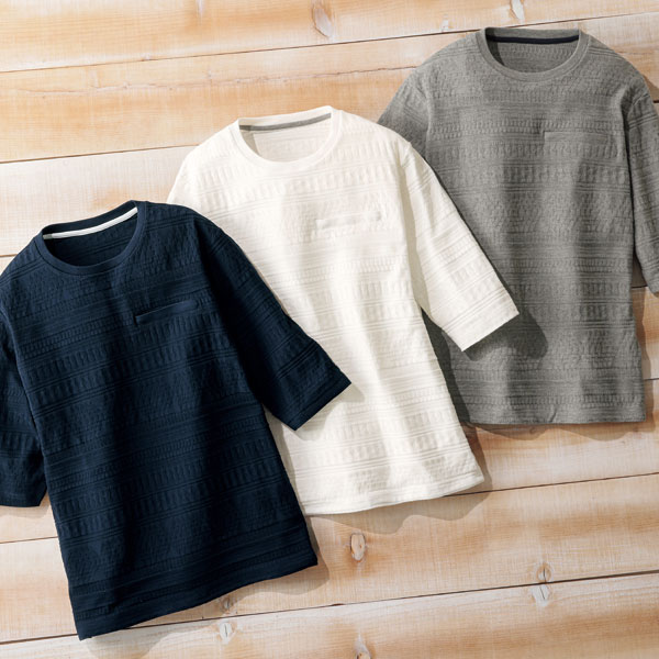 ファスナーポケット付き編地柄プルオーバー 同サイズ3色組 七分袖 綿混ジャガード素材 メンズ 春夏秋 40代 50代 60代 958314