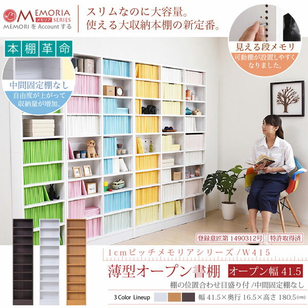 本棚 薄型オープン書棚 幅41.5cm 奥行16.5cm MEMORIA 棚板が1cmピッチで可動する自在な棚割り FRM-0100-JK
