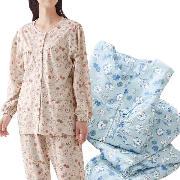 楽天わくわく生活パジャマ 綿100％着替え楽らくゆったりスナップ釦 花柄総柄プリント レディース