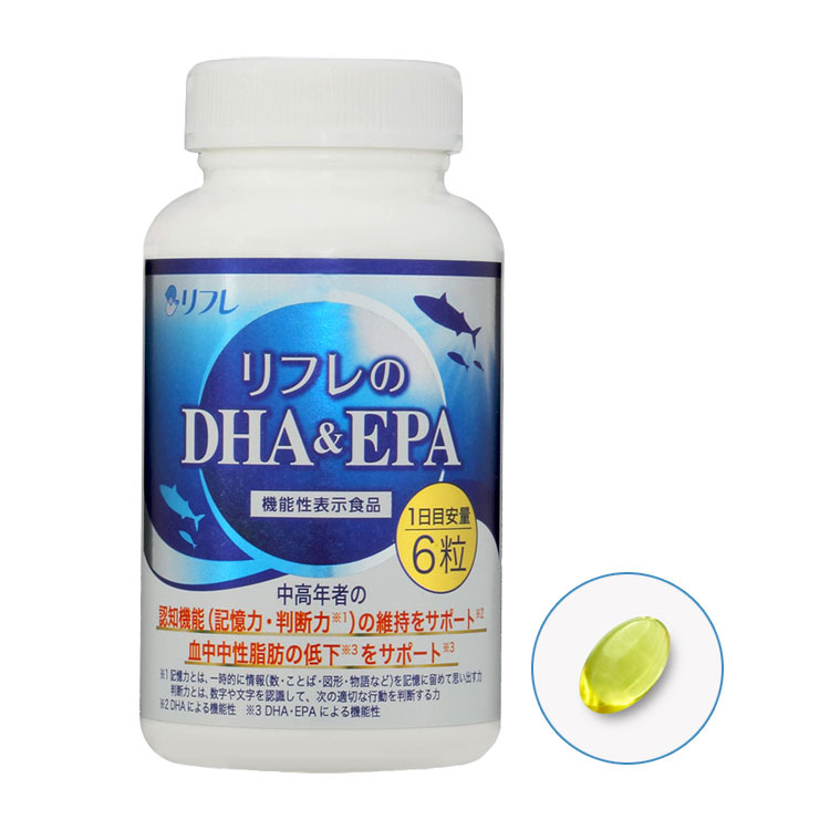 製品仕様 内容量 100.4g(1粒540mg×186粒) 原材料 DHA・EPA含有精製魚油(国内製造)/ゼラチン、グリセリン、ビタミンE 届出表示 本品にはDHA・EPAが含まれます。DHAには中高年者の認知機能の一部である、記憶力や判断力の維持をサポートする機能、DHA・EPAには、血中中性脂肪を低下させる機能があることが報告されています。 ※記憶力とは、一時的に情報（数・ことば・図形・物語など）を記憶に留めて思い出す力 ※判断力とは、数字や文字を認識して、次の適切な行動を判断する力 (届出番号：I552) 機能性関与成分量 (6粒中) DHA900mg・EPA100mg お召し上がり方 1日目安6粒を水またはぬるま湯でお召し上がりください。 JANコード 4560258562195 広告文責 株式会社中広 0584-74-0745 販売元 株式会社リフレ 区分 日本製・機能性表示食品 注意事項 ※直射日光、高温多湿をさけて涼しい所に保存してください。 ※原材料をご参照の上、食物アレルギーのある方は摂取しないでください。 ※本品は、多量摂取により疾病が治癒したり、より健康が増進するものではありません。 ※抗凝固剤、抗血小板剤、血糖降下剤、降圧剤等を服用中の場合は、医師又は薬剤師にご相談ください。 ※本品は、疾病の診断、治療、予防を目的としたものではありません。 ※本品は、疾病に罹患している者、未成年者、妊産婦(妊娠を計画している者を含む。)及び授乳婦を対象に開発された食品ではありません。 ※疾病に罹患している場合は医師に、医薬品を服用している場合は医師、薬剤師に相談してください。 ※体調に異変を感じた際は、速やかに摂取を中止し、医師に相談してください。 栄養成分表示(6粒中) エネルギー たんぱく質 脂質 炭水化物 食塩相当量 23.8kcal 0.765g 2.203g 0.227g 0.00036g1日6粒！魚不足が気になる毎日に手軽な健康習慣 リフレのDHA＆EPA 機能性表示食品 記憶力・判断力の維持と血中中性脂肪の低下をWサポート 「うっかりが増えてきた」「魚を食べる機会が減った」「健康診断の数値が気になる」といったお悩みに寄り添う機能性表示食品です。1日目安の6粒で、DHA900mg・EPA100mgの計1,000mgを高配合。中高年の方の認知機能の一部である「記憶力（情報を覚えて思い出す力）」や「判断力（文字や数字を認識し行動を判断する力）」の維持をサポートします。さらに、気になる「血中中性脂肪を低下させる機能」も報告されています。食事が肉中心になりがちな方や、いつまでも若々しく聡明な毎日を送りたい方にぴったりです。品質面でも信頼が高く、モンドセレクション最高金賞を7年連続（2020～2026年）で受賞。国内製造のソフトカプセルで仕上げた確かな品質を、ぜひ毎日の習慣にお役立てください。 リフレのDHA＆EPA ラインナップ 単品 3個セット