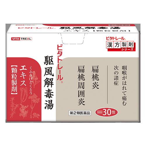 特徴 本剤は、中国の明時代の古典「万病回春」に収載されている駆風解毒散（湯）に準拠して製造されたエキス顆粒剤です。 効能・効果 咽喉がはれて痛む次の諸症：扁桃炎・扁桃周囲炎 成分・分量 本品1日量3包（1包 3.0g）中 日本薬局方　ハマボウフウ・・3.0g　　　日本薬局方　キョウカツ・・・1.5g 日本薬局方　ゴボウシ・・・・3.0g　　　日本薬局方　カンゾウ・・・・1.5g 日本薬局方　レンギョウ・・・5.0g　　　日本薬局方　キキョウ・・・・3.0g 日本薬局方　ケイガイ・・・・1.5g　　　日本薬局方　セッコウ・・・・5.0g より製した水製乾燥エキス　3.48g 添加物として 乳糖、バレイショデンプン を含有する。 用法・用量 下記の量を食間又は空腹時に水又は温湯にて服用して下さい。 本処方は含嗽しながらゆっくりのむのを特徴とします。（少しずつゆっくりのむ） ［年齢：1回量：1日服用回数］ 大人（15才以上）：1包 ：3回 15才未満7才以上：2／3包 ：3回 7才未満4才以上：1／2包 ：3回 4才未満2才以上：1／3包 ：3回 2才未満　　　　：服用しないこと ＜用法・用量に関連する注意＞ （1）本剤は熱ければ冷ましてうがいしながら少しずつゆっくり飲むこと。 （2）小児に服用させる場合には、保護者の指導監督のもとに服用させること。 （3）用法・用量を厳守すること。 使用上の注意 相談すること 1．次の人は服用前に医師、薬剤師又は登録販売者に相談すること （1）医師の治療を受けている人。 （2）妊婦又は妊娠していると思われる人。 （3）体の虚弱な人（体力の衰えている人、体の弱い人）。 （4）胃腸が弱く下痢しやすい人。 （5）高齢者。 （6）今までに薬などにより発疹・発赤、かゆみ等を起こしたことがある人 （7）次の症状のある人。：むくみ （8）次の診断を受けた人。：高血圧、心臓病、腎臓病 2．服用後、次の症状があらわれた場合は副作用の可能性があるので、直ちに服用を中止し、この文書を持って医師、薬剤師又は登録販売者に相談すること 〔 関係部位：症状 〕 皮膚　：発疹・発赤、かゆみ 消化器：食欲不振、胃部不快感 まれに下記の重篤な症状が起こることがある。その場合は直ちに医師の診療を受けること。 〔 症状の名称：症状 〕 偽アルドステロン症、ミオパチー：手足のだるさ、しびれ、つっぱり感やこわばりに加えて、脱力感、筋肉痛があらわれ。徐々に強くなる。 3．5～6回服用しても症状がよくならない場合は服用を中止し、この文書を持って医師、薬剤師又は登録販売者に相談すること 4．長期連用する場合には、医師、薬剤師又は登録販売者に相談すること 保管及び取扱い上の注意 （1）直射日光の当たらない湿気の少ない涼しい所に保管すること。 （2）小児の手の届かない所に保管すること。 （3）他の容器に入れ替えないこと。 （4）本剤は生薬を原料としたエキスを用いた製品ですから、製品により色調や味が多少異なることがありますが、効果には変わりありません。 製造販売元 東洋漢方製薬株式会社　〒584-0022　大阪府富田林市中野町東2丁目1番16号 ≪お客様相談室≫　電話：0120-00-1040 受付時間： 9：00～17：00（土、日、祝日を除く） 散剤・顆粒剤 第2類医薬品 ケーファーマシー株式会社　薬剤師　小林和正