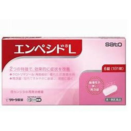 ＜＜大事なお知らせ＞＞ 第1類医薬品の為、購入後薬剤師よりお送りする適正使用に関するメールをお読みになりご返信いただいてからの発送となります ご返信いただけないと発送ができませんのでご注意くださいませ。 送料無料。代引き、日付、時間指定は出来ませんのでご了承下さい。 1．エンペシドLは，イミダゾール系の抗真菌成分クロトリマゾールを有効成分とする，腟カンジダの再発治療薬です。 2．1日1回1錠，6日間の使用で，腟カンジダの再発に効果をあらわす発泡性の腟錠です。 ※使用期限1年以上の商品を発送させていただきます。【効能・効果】 腟カンジダの再発（過去に医師の診断・治療を受けた方に限る） 【用法・用量】 次の量を腟深部に挿入してください。6日間毎日続けて使用してください。 [年齢：1回使用量：1日使用回数] 成人（15歳以上60歳未満）：1錠：1回（できれば就寝前） 15歳未満及び60歳以上：使用しないでください ただし，3日間使用しても症状の改善がみられないか，6日間使用しても症状が消失しない場合は医師の診療を受けてください。 ＜用法関連注意＞ （1）定められた用法・用量を厳守してください。 （2）この薬は腟内にのみ使用し，飲まないでください。もし，誤って飲んでしまった場合は，すぐに医師の診療を受けてください。 （3）アプリケーターは使用しないでください。 （4）途中で症状が消失しても，使用開始から6日間使用してください。 （5）生理中は使用しないでください。使用中に生理になった場合は使用を中止してください。その場合は，治癒等の確認が必要であることから，医師の診療を受けてください。 【使用上の注意】 ＜してはいけないこと＞ （守らないと現在の症状が悪化したり，副作用が起こりやすくなります） 1．次の人は使用しないでください （1）初めて発症したと思われる人。（初めて症状があらわれた場合は，他の疾病が原因の場合があり，その場合は医師の診療を受ける必要があります） （2）本剤又は本剤の成分によりアレルギー症状を起こしたことがある人。（本剤の使用により再びアレルギー症状を起こす可能性があります） （3）15歳未満又は60歳以上の人。（15歳未満の人は初めて発症した可能性が高く，60歳以上の人は他の疾病の可能性や他の菌による複合感染のリスクが高まることを考慮する必要があり，自己判断が難しいため） （4）妊婦又は妊娠していると思われる人。（薬の使用には慎重を期し，医師の診療を受ける必要があります） （5）発熱，悪寒，下腹部痛，背中や肩の痛み，色のついた又は血に染まったおりもの，魚臭いおりもの，生理の停止，腟からの不規則又は異常な出血，腟又は外陰部における潰瘍，浮腫又はただれがある人。（他の疾病の可能性がありますので，医師の診療を受ける必要があります） （6）次の診断を受けた人。 　糖尿病（頻繁に本疾病を繰り返す可能性が高いので，医師の診療を受ける必要があります） （7）本疾病を頻繁に繰り返している人。（1〜2ヵ月に1回又は6ヵ月以内に2回以上） （8）腟カンジダの再発かわからない人。（自己判断できない場合は医師の診療を受ける必要があります） 2．次の部位には使用しないでください 　腟内以外の部位。（本剤は腟内のカンジダ菌による感染のみに効果があります） 3．本剤を使用中に次の医薬品を外陰部に使用しないでください 　カンジダ治療薬以外の外皮用薬。（症状が悪化する又は治療を遅らせるおそれがあります） ＜相談すること＞ 1．次の人は使用前に医師又は薬剤師にご相談ください （1）医師の治療を受けている人。（医師から処方されている薬に影響したり，本剤と同じ薬を使用している可能性もあります） （2）薬などによりアレルギー症状を起こしたことがある人。（薬などでアレルギーを起こしたことがある人は，本剤でも起こる可能性があります） （3）授乳中の人。（薬の使用には慎重を期す必要があります） 2．使用後，次の症状の持続・増強又は発現がみられた場合は副作用の可能性がありますので，直ちに使用を中止し，この文書を持って医師又は薬剤師にご相談ください ［関係部位：症状］ 腟：局所の熱感，刺激感，かゆみ，発赤，痛み 皮膚：発疹 3．3日間使用しても，症状の改善がみられないか，6日間使用しても症状が消失しない場合はこの文書を持って医師の診療を受けてください。（他の疾病の可能性があります） 【成分分量】 1錠中 ・クロトリマゾール…100mg ［添加物］ 乳糖，トウモロコシデンプン，アルファー化デンプン，アジピン酸，炭酸水素Na，ステアリン酸Mg，ステアリン酸，ポリソルベート80，無水ケイ酸 【保管及び取扱い上の注意】 （1）直射日光の当たらない湿気の少ない涼しいところに保管してください。 （2）小児の手の届かないところに保管してください。 （3）他の容器に入れ替えないでください。 （誤用の原因になったり品質が変わるおそれがあります） （4）使用期限をすぎた製品は，使用しないでください。 【消費者相談窓口】 会社名：佐藤製薬株式会社 問い合わせ先：お客様相談窓口 電話：03-5412-7393 受付時間：9：00〜17：00（土，日，祝日を除く） 【製造販売会社】 佐藤製薬株式会社 添付文書情報 東京都港区元赤坂1丁目5番27号 【リスク区分等】 第1類医薬品 【文責】ケーファーマシー株式会社　薬剤師　小林和正エンぺシドLは腟カンジダの再発治療薬です。繰り返すカンジダ菌によるデリケートゾーンの痒みや違和感に効果あります。抗真菌成分配合されており、配送は、ポスト投函になります。