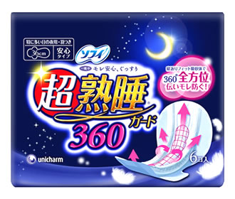 リニューアルに伴いパッケージ・内容等予告なく変更する場合がございます。予めご了承ください。 名　称 ソフィ　超熟睡ガード　360　特に多い日の夜用　羽あり 内容量 6枚/サイズ：36cm 特　徴 ◆眠る幸せを味わえる&nbsp;多い夜でも超熟睡！ ◆フィット感アップで全方位伝いモレ防止！ 超熟睡だけの「寝返りフィット吸収体」が、一晩中ぴったりフィット。前から後ろまで体とナプキンのすきまをなくして、360°全方位への伝いモレを防ぎます。 ◆寝返りしても横モレ防止！ 中に空気を含んだクッションのような構造の「エアバッグ」搭載で、寝返りしてもフィットし続け、横モレをしっかりせき止めます。 ◆中に空気を含んだクッションのような構造の「エアバッグ」搭載で、寝返りしてもフィットし続け、横モレをしっかりせき止めます。 ◆特に多い日の夜用 ◆薄さ：ふつうの厚さ ◆コットンのような肌ざわり コットンは入っていません 区　分 医薬部外品/生理用ナプキン ご注意 ◆本品記載の使用法・使用上の注意をよくお読みの上ご使用下さい。 販売元 ユニ・チャーム株式会社 東京都港区三田3-5-27お客様相談ダイヤル　0120-041-062 広告文責 株式会社ツルハグループマーチャンダイジング カスタマーセンター　047-409-4023 JANコード：4903111382125　