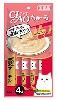 リニューアルに伴いパッケージ・内容等予告なく変更する場合がございます。予めご了承ください。 名　称 チォオ　ちゅ〜る　まぐろ＆贅沢サーモン 内容量 14g×4本 特　徴 ◆与えやすい食べきりサイズのおやつです。 ◆素材の旨みがたっぷり詰まった贅沢な仕上がり。 ◆一度与えたらやみつきになるおいしさです。 原材料 まぐろ、サーモン、鮭エキス、タンパク加水分解物、糖類（オリゴ糖等）、植物性油脂、増粘剤（加工でん粉）、ミネラル類、増粘多糖類、調味料（アミノ酸等）、ビタミンE、紅麹色素、緑茶エキス 区　分 キャットフード、おやつ/原産国　日本 ご注意 ◆本品記載の使用法・使用上の注意をよくお読みの上ご使用下さい。 販売元 いなばペットフード株式会社 東京都江戸川区西葛西5-2-3　ネクステージ西葛西7階 お問合せ： 0120-178390 広告文責 株式会社ツルハグループマーチャンダイジング カスタマーセンター　047-409-4023 JANコード：4901133718533　