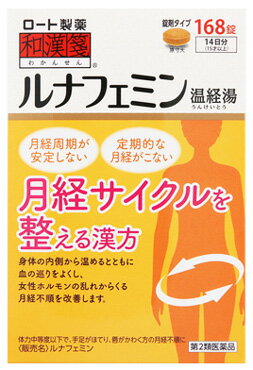 お買い上げいただける個数は5個までです リニューアルに伴いパッケージ・内容等予告なく変更する場合がございます。予めご了承ください。 名　称 和漢箋　ルナフェミン 内容量 168錠 特　徴 ◆温経湯(うんけいとう) ◆身体を温め、血の巡りをよくし、女性ホルモンの乱れからくる月経不順や足腰の冷えを改善します。 効能・効果 体力中等度以下で、手足がほてり、唇がかわくものの次の諸症： 月経不順、月経困難、こしけ（おりもの）、更年期障害、不眠、神経症、湿疹・皮膚炎、足腰の冷え、しもやけ、手あれ（手の湿疹・皮膚炎） 用法・用量 次の量を1日3回食前又は食間に、水又はお湯で服用すること。 ※食間とは、食後2〜3時間を指す。 年齢・・・1回量 成人（15才以上）・・・4錠 7才以上15才未満・・・3錠 7才未満・・・服用しない ●用法・用量に関連する注意（1）用法・用量を厳守すること。 （2）小児に服用させる場合には、保護者の指導監督のもとに服用させること。 成分・分量 12錠中 成分・・・分量 温経湯エキス(ハンゲ2.0g、バクモンドウ2.0g、トウキ1.5g、センキュウ1.0g、シャクヤク1.0g、ニンジン1.0g、ケイヒ1.0g、ゼラチン1.0g、ボタンピ1.0g、カンゾウ1.0g、ゴシュユ0.5g、ショウキョウ0.25gより抽出)・・・3520mg 添加物として、メタケイ酸アルミン酸Mg、炭酸水素K、ラウリル硫酸Na、ステアリン酸Mg、マクロゴール、カラメル、ヒプロメロース、タルクを含む。 ※本剤は天然物(生薬)のエクスを用いているため、錠剤の色が多少異なることがある。 区　分 医薬品/商品区分：第2類医薬品/漢方製剤/日本製 ご注意 【使用上の注意】 ●相談すること 1．次の人は服用前に医師、薬剤師又は登録販売者に相談すること。 （1）医師の治療を受けている人 （2）妊婦又は妊娠していると思われる人 （3）胃腸の弱い人 （4）高齢者 （5）今までに薬などにより発疹・発赤、かゆみ等を起こしたことがある人 （6）次の症状のある人：むくみ （7）次の診断を受けた人：高血圧、心臓病、腎臓病 2．服用後、次の症状があらわれた場合は副作用の可能性があるので、直ちに服用を中止し、この袋を持って医師、薬剤師又は登録販売者に相談すること。 関係部位：症状 皮ふ：発疹・発赤、かゆみ ●まれに下記の重篤な症状が起こることがある。その場合は直ちに医師の診療を受けること。 症状の名称：症状 偽アルドステロン症：手足のだるさ、しびれ、つっぱり感やこわばりに加えて、脱力感、筋肉痛があらわれ、徐々に強くなる。 ミオパチー：手足のだるさ、しびれ、つっぱり感やこわばりに加えて、脱力感、筋肉痛があらわれ、徐々に強くなる。 3．1ヵ月位服用しても症状がよくならない場合は服用を中止し、この袋を持って医師、薬剤師又は登録販売者に相談すること。 4．長期連用する場合には、医師、薬剤師又は登録販売者に相談すること。 【保管及び取扱い上の注意】（1）直射日光の当たらない湿気の少ない涼しい所に密栓して保管すること。 （2）小児の手の届かない所に保管すること。 （3）他の容器に入れ替えないこと。（誤用の原因になったり品質が変わる） （4）湿気により、変色など品質に影響を与える場合があるので、ぬれた手で触れないこと。 （5）使用期限を過ぎた製品は服用しないこと。なお、使用期限内であっても一度開封した後は、なるべく早く使用すること。 ◆本品記載の使用法・使用上の注意をよくお読みの上ご使用下さい。 製造販売元 ロート製薬株式会社　大阪市生野区巽西1-8-1 お問合せ ロート製薬株式会社　お客さま安心サポートデスク　ルナフェミン専用相談室 電話：0120-280-610　受付時間：9：00〜18：00（土、日、祝日を除く） 広告文責 株式会社ツルハグループマーチャンダイジング カスタマーセンター　0852-53-0680 JANコード：4987241159796　