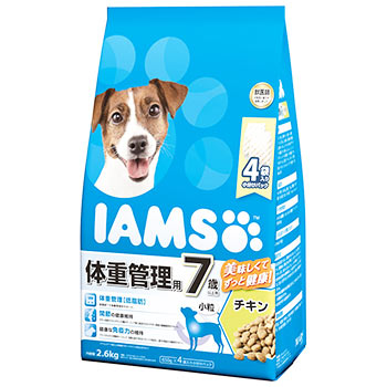リニューアルに伴いパッケージ・内容等予告なく変更する場合がございます。予めご了承ください。 名　称 マースジャパン アイムス 7歳以上用 体重管理用 チキン 小粒 内容量 2.6kg（650g×4袋） 特　徴 ◆体重管理　低脂肪 低脂肪*で体重管理をサポート。 *アイムス製品7歳以上用健康サポートチキン小粒比29％オフ ◆関節の健康維持 チキン由来のグルコサミンの働きで、シニア期に負担のかかりやすい関節の健康維持をサポート。 ◆健康な免疫力の維持 バランスのとれた栄養素の一つとして、抗酸化成分であるビタミンEを配合し、愛犬の免疫力の維持をサポート。 ◆歯の健康維持 カリカリの粒を噛むことで、口臭の原因となる歯垢の蓄積を抑える。 ◆健やかな皮膚と輝く毛並み オメガ-6脂肪酸（ひまわり油由来）と亜鉛の働きで、健やかな皮膚と輝く毛並みの健康を維持。 ◆健康的な消化吸収 健康的な消化吸収に配慮して食物繊維（ビートパルプ）を配合し、コロッと小さな健康的な便。 原材料 小麦、とうもろこし、肉類(チキンミール、家禽ミール)、植物性タンパク、さとうもろこし、米、家禽エキス、家禽類、大麦、動物性油脂、乾燥ビートパルプ、エンドウマメ、ひまわり油、STPP(トリポリリン酸)、ビタミン類(A、B1、B2、B6、B12、C、D3、E、コリン、ナイアシン、パントテン酸、葉酸)、ミネラル類(亜鉛、カリウム、クロライド、セレン、鉄、銅、ナトリウム、ヨウ素、リン)、酸化防止剤(ミックストコフェロール、ローズマリー抽出物、クエン酸、BHA、BHT) 栄養成分 タンパク質：24.0％以上、脂質7.5％以上、粗繊維：4.0％以下、灰分：8.0％以下、水分：10.0％以下 区　分 ドッグフード、総合栄養食/オーストラリア製 ご注意 ◆本品記載の使用法・使用上の注意をよくお読みの上ご使用下さい。 販売元 マースジャパンリミテッド東京都港区港南1-2-70 品川シーズンテラス7F お客様相談室　電話：0800-800-5874 広告文責 株式会社ツルハグループマーチャンダイジング カスタマーセンター　047-409-4023 JANコード：4902397846307　