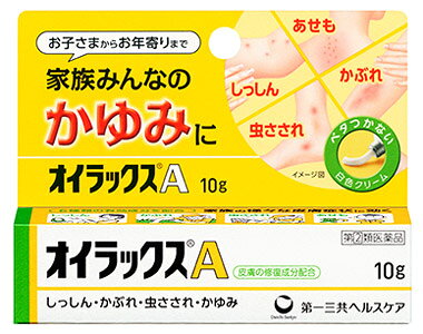 お買い上げいただける個数は5個までです リニューアルに伴いパッケージ・内容等予告なく変更する場合がございます。予めご了承ください。 名　称 オイラックスA 内容量 10g 特　徴 1．クロタミトンとジフェンヒドラミン塩酸塩が、虫さされ等のかゆみにすぐれた効果を発揮します。 2．ヒドロコルチゾン酢酸エステルとグリチルレチン酸が、しっしん・かぶれ等の皮膚の炎症をしずめます。 3．アラントインが皮膚の組織修復を助けます。 4．イソプロピルメチルフェノールが殺菌作用を発揮します。 効能・効果 しっしん、かぶれ、虫さされ、かゆみ、じんましん、しもやけ、皮膚炎、あせも 用法・用量 1日1〜3回、適量を患部に塗布して下さい。 ●用法・用量に関連する注意（1）使用法を厳守して下さい。 （2）小児に使用させる場合には、保護者の指導監督のもとに使用させて下さい。 （3）目に入らないよう注意して下さい。万一、目に入った場合には、すぐに水又はぬるま湯で洗って下さい。なお、症状が重い場合には、眼科医の診療を受けて下さい。 （4）外用にのみ使用して下さい。 成分・分量 本剤は、白色のクリームで、100g中に次の成分を含有しています。 成分・・・分量・・・作用 クロタミトン・・・10.0g・・・かゆみをおさえます。 ジフェンヒドラミン塩酸塩・・・1.0g・・・かゆみをおさえます。 ヒドロコルチゾン酢酸エステル・・・0.25g・・・皮膚の炎症をしずめます。 グリチルレチン酸・・・0.5g・・・皮膚の炎症をしずめます。 アラントイン・・・0.2g・・・皮膚の組織修復を助けます。 イソプロピルメチルフェノール・・・0.1g・・・殺菌作用を発揮します。 添加物：ステアリン酸マクロゴール、ステアリルアルコール、ワセリン、香料、グリセリン ●成分・分量に関連する注意 塗布後ほてり(熱感)を感じることがありますが、短時間のうちに消失します。 ヒドロコルチゾン酢酸エステルは、副腎皮質ホルモン（ステロイド）の中で最も作用が緩和なランクに分類されています。 区　分 医薬品/商品区分：指定第2類医薬品/鎮痒消炎薬/日本製 ご注意 【使用上の注意】 ●してはいけないこと （守らないと現在の症状が悪化したり、副作用が起こりやすくなります） 1．次の部位には使用しないで下さい。 水痘（水ぼうそう）、みずむし・たむし等又は化膿している患部。 2．顔面には、広範囲に使用しないで下さい。 3．長期連用しないで下さい。 ●相談すること 1．次の人は使用前に医師、薬剤師又は登録販売者に相談して下さい。 （1）医師の治療を受けている人 （2）妊婦又は妊娠していると思われる人 （3）薬などによりアレルギー症状を起こしたことがある人 （4）患部が広範囲の人 （5）湿潤やただれのひどい人 2．使用後、次の症状があらわれた場合は副作用の可能性がありますので、直ちに使用を中止し、この文書を持って医師、薬剤師又は登録販売者に相談して下さい。 ［関係部位：症状］ 皮膚：発疹・発赤、かゆみ、はれ、かぶれ、乾燥感、刺激感、熱感、ヒリヒリ感 皮膚（患部）：みずむし・たむし等の白癬、にきび、化膿症状、持続的な刺激感 3．5〜6日間使用しても症状がよくならない場合は使用を中止し、この文書を持って医師、薬剤師又は登録販売者に相談して下さい。 【保管及び取扱い上の注意】（1）直射日光の当たらない涼しい所に密栓して保管して下さい。 （2）小児の手の届かない所に保管して下さい。 （3）他の容器に入れ替えないで下さい。（誤用の原因になったり品質が変わります） （4）表示の使用期限を過ぎた製品は使用しないで下さい。 ◆本品記載の使用法・使用上の注意をよくお読みの上ご使用下さい。 販売元 第一三共ヘルスケア株式会社　東京都中央区日本橋3-14-10 製造販売元 ジャパンメディック株式会社　富山県富山市横越168 お問合せ 第一三共ヘルスケア株式会社　東京都中央区日本橋3-14-10 問い合わせ先：お客様相談室　電話：0120-337-336 受付時間：9：00〜17：00（土、日、祝日を除く） 広告文責 株式会社ツルハグループマーチャンダイジング カスタマーセンター　047-409-4023 JANコード：4987774263113　