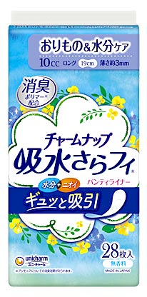 リニューアルに伴いパッケージ・内容等予告なく変更する場合がございます。予めご了承ください。 名　称 チャームナップ　吸水さらフィ　ロングパンティライナー　無香料 内容量 28枚/長さ:19cm 特　徴 ◆パンティーライナータイプで水分＋ニオイ ギュッと吸引おりものと尿の2つのケアを一緒にされる方のための尿吸収ライナーです。 ◆高吸収ポリマーとなみなみシートで瞬間吸収！お肌サラサラ！◆消臭ポリマー※配合※アンモニアについての消臭効果がみられます。 ◆吸収量　10cc◆薄さ約3mm◆花柄デザインラップ 構成材料 表面材：ポリオレフィン・ポリエステル不織布色調：白 区　分 軽失禁ライナー、軽失禁ナプキン、女性用軽度尿失禁製品/日本製 ご注意 ●生理用ナプキンではありません。●お肌に合わないときは医師に相談してください。●トイレに流さないでください。◆本品記載の使用法・使用上の注意をよくお読みの上ご使用下さい。 発売元 ユニ・チャーム株式会社　東京都港区三田3-5-27お問い合わせ　ユニ・チャームお客様相談センター 　電話：0120-041-062受付時間：月〜金曜日（祝日除く）　9:30〜17:00 広告文責 株式会社ツルハグループマーチャンダイジング カスタマーセンター　047-409-4023 JANコード：4903111554102
