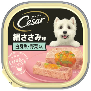 リニューアルに伴いパッケージ・内容等予告なく変更する場合がございます。予めご了承ください。 名　称 シーザートレイ　成犬用　絹ささみ　白身魚・野菜入り 内容量 100g 特　徴 ◆元気いっぱいの成犬のために、素材や美味しさや、栄養バランスにこだわりました。 ◆厳選されたささみに、贅沢に白身魚と野菜を加えて、おいしくヘルシーに仕上げました。 ◆ふわふわローフタイプ ◆成犬用総合栄養食 原材料 肉類（チキン、ラム、鶏ささみ等）、野菜類（にんじん、いんげん、パプリカ）、白身魚、ディル、ビタミン類、ミネラル類、増粘多糖類、リン酸塩(Na)、着色料（二酸化チタン）、EDTA-Ca・Na 成　分 カロリー：60kcal/100g タンパク質：5.0%以上脂質：2.0%以上粗繊維：2.0%以下灰分：3.0%以下水分：89.0%以下 区　分 ドッグフード、ウェットタイプ、ペットフード/オーストラリア製 ご注意 ◆本品記載の使用法・使用上の注意をよくお読みの上ご使用下さい。 販売元 マースジャパンリミテッド　東京都港区港南1-2-70 お問い合わせ　電話：0800-800-5874 広告文責 株式会社ツルハグループマーチャンダイジング カスタマーセンター　047-409-4023 JANコード：4902397839507