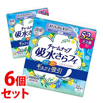 リニューアルに伴いパッケージ・内容等予告なく変更する場合がございます。予めご了承ください。 名　称 《セット販売》　チャームナップ　吸水さらフィ　ロングパンティライナー　無香料 内容量 52枚×6個 特　徴 ◆長さ19cm　10cc◆高吸収シート搭載でお肌サラサラ！ ◆高吸収ポリマーとなみなみシートで瞬間吸収！お肌サラサラ！◆消臭するポリマー(※1)配合で気になるニオイも閉じ込めます。※1　ポリマーによるアンモニアに対する消臭効果。 ◆消臭タイプ　抗菌(※2)シート搭載＆天然カテキン配合。 ※2　すべての細菌の増殖を抑制するわけではありません。◆女性らしさを高める新個包装デザイン！かわいい花柄で明るく前向きな気分に。 材　質 表面材：ポリオレフィン・ポリエステル不織布色調：白 区　分 女性用パンティライナー、女性用軽度尿失禁製品/原産国　日本 ご注意 【使用上の注意】●お肌に合わないときは医師に相談してください。●トイレに流さないでください。【保管上の注意】 ●開封後はほこりや虫などの異物が入らないよう、衛生的に保管してください。 ◆本品記載の使用法・使用上の注意をよくお読みの上ご使用下さい。 販売元 ユニ・チャーム株式会社　東京都港区三田3-5-27お問合せ先　電話：0120-041-062 広告文責 株式会社ツルハグループマーチャンダイジング カスタマーセンター　0852-53-0680 JANコード：4903111936663