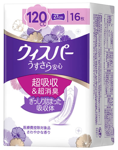 P&G ウィスパー うすさら安心 多いときでも安心用 120cc (16枚) 女性用 尿とりパッド 尿ケアパッド　【P＆G】　【医療費控除対象品】