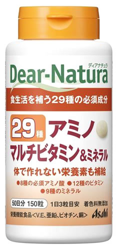 リニューアルに伴いパッケージ・内容等予告なく変更する場合がございます。予めご了承ください。 名　称 Dear-Natura　ディアナチュラ　29アミノ　マルチビタミン＆ミネラル 内容量 150粒入り(50日分) 特　徴 29種の必須成分 体で作れない栄養素も補給 必須アミノ酸8種、ビタミン12種、ミネラル9種を配合しました。 こんな方におすすめです ・食事のバランスが気になる方 ・野菜・果物不足が気になる方 ・海藻類不足・乳製品不足が気になる方 ・毎日を元気に過ごしたい方 栄養機能食品 ビタミンE、亜鉛、ビオチン、銅 栄養機能食品（栄養機能表示） ・ビタミンE ビタミンEは、抗酸化作用により、体内の脂質を酸化から守り、細胞の健康維持を助ける栄養素です。 ・亜鉛 亜鉛は、味覚を正常に保つのに必要な栄養素です。 亜鉛は、たんぱく質・核酸の代謝に関与して、健康の維持に役立つ栄養素です。 亜鉛は、皮膚や粘膜の健康維持を助ける栄養素です。 ・ビオチン ビオチンは、皮膚や粘膜の健康維持を助ける栄養素です。 ・銅 銅は、赤血球の形成を助ける栄養素です。銅は、多くの体内酵素の正常な働きと骨の形成を助ける栄養素です。 区　分 栄養機能食品/アミノ酸・ビタミン・ミネラル加工食品/日本製 ご注意 ◆本品記載の使用法・使用上の注意をよくお読みの上ご使用下さい。 販売元 アサヒフードアンドヘルスケア株式会社　東京都墨田区吾妻橋1-23-1 お問い合わせ　電話：0120-630611 広告文責 株式会社ツルハグループマーチャンダイジング カスタマーセンター　0852-53-0680 JANコード：4946842634668