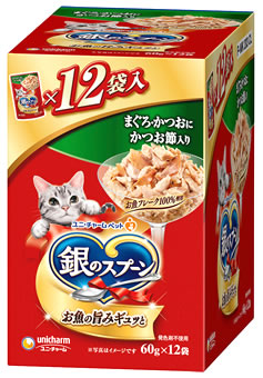 リニューアルに伴いパッケージ・内容等予告なく変更する場合がございます。予めご了承ください。 名　称 銀のスプーン　パウチ　まぐろ・かつおにかつお節入り 内容量 60g×12個 特　徴 ◆お魚フレーク100％使用 ◆たっぷりの身とうまみで抜群のおいしさを実現 ◆ねこが大好きなやわらかゼリータイプ ◆発色剤不使用 原材料 魚介類（かつお、まぐろ、かつお節、フィッシュエキス）、調味料、増粘多糖類 保証分析値 タンパク質・・・9.0％以上 脂質・・・0.2％以上 粗繊維・・・0.5％以下 粗灰分・・・3.0％以下 水分・・・89.0％以下 エネルギー 約25kcal／袋 区　分 一般食キャットフード/原産国　タイ ご注意 ◆本品記載の使用法・使用上の注意をよくお読みの上ご使用下さい。 販売元 ユニ・チャーム株式会社　東京都港区三田3-5-27 お客様相談室　電話：0120-810-539 広告文責 株式会社ツルハグループマーチャンダイジング カスタマーセンター　047-409-4023 JANコード：4520699699010