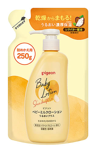 リニューアルに伴いパッケージ・内容等予告なく変更する場合がございます。予めご了承ください。 名　称 ベビーミルクローション　うるおいプラス　詰替用　ベーシック 内容量 250g 特　徴 ◆乾燥からまもる！うるおい濃厚保湿※1メーカー比※1　メーカー比◆生まれたその日から ◆無添加(パラベン・アルコール・香料)　弱酸性・低刺激◆顔・からだ用◆赤ちゃんのお肌へのやさしさをいちばんに考えたスキンケア ◆お肌本来のうるおい類似成分「ピジョンナチュラルモイスチャー※2」配合※2　セラミドNP・イソステアリン酸フィトステリル ◆シアバター(保湿成分)配合で、もっちりやわらか肌へ◆皮フ科医による皮フ刺激性テスト済み (すべての方に肌トラブルが起きないというわけではありません) 成　分 水、グリセリン、パルミチン酸エチルヘキシル、ステアリン酸ソルビタン、ワセリン、ポリソルベート60、セテアレス-6、ステアリルアルコール、ステアリン酸、セラミドNP、イソステアリン酸フィトステリル、シア脂、グリチルリチン酸2K、エチルヘキシルグリセリン、セルロースガム、(アクリレーツ/アクリル酸アルキル(C10-30))クロスポリマー、ジメチコン、水酸化K、フェノキシエタノール、クエン酸、トコフェロール 使用方法 適量を手に取り、お肌になじませてお使いください。 区　分 化粧品/ベビーローション/原産国　日本 ご注意 ◆本品記載の使用法・使用上の注意をよくお読みの上ご使用下さい。 販売元 ピジョン株式会社　東京都中央区日本橋久松町4-4お問合せ先　お客様相談室　電話：0120-741-887 広告文責 株式会社ツルハグループマーチャンダイジング カスタマーセンター　0852-53-0680 JANコード：4902508084055