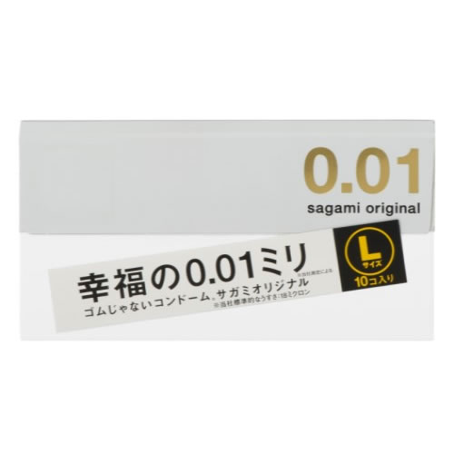 リニューアルに伴いパッケージ・内容等予告なく変更する場合がございます。予めご了承ください。 商品名称 サガミオリジナル001　L 内容量 10個 特徴 ◆幸福の0.01ミリ※相模ゴム工業測定による　ゴムじゃないコンドーム。※相模ゴム工業標準的なうすさ：18ミクロン◆開封しやすいプリスターパック入り・従来のゴム製ではなく、生体適合性の高いポリウレタン素材の製品です。・0.01ミリのうすさを実現しています。・ゴム特有のにおいが全くありません。・熱伝導性に優れ、肌のぬくもりを瞬時に伝えます。・表面がなめらかなので、自然な使用感が得られます。・天然ゴムアレルギーの方におすすめします。◆型・・・スタンダード◆なめらかな使用感が得られる潤滑剤付き◆開封上面（オモテ）が女性側になっていますので、取り出してそのまま装着ができます。◆承認番号：14500BZZ00151A02 区分 管理医療機器/コンドーム/原産国　日本 ご注意 ◆本品記載の使用法・使用上の注意をよくお読みの上ご使用下さい。 販売元 相模ゴム工業株式会社　神奈川県厚木市元町2-1お客様相談室：電話番号046-221-2311 広告文責 株式会社ツルハグループマーチャンダイジングカスタマーセンター　0852-53-0680 JANコード：4974234619351