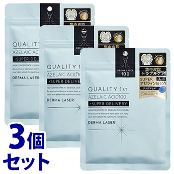 リニューアルに伴いパッケージ・内容等予告なく変更する場合がございます。予めご了承ください。 名　称 《セット販売》　クオリティファースト　ダーマレーザー　スーパーAZ100マスク 内容量 7枚×3個 特　徴 集中皮脂トラブルケア 肌あれ 角化毛穴※5 ハリ・ツヤ ベタつく肌や皮脂トラブルへ集中アプローチ。 肌あれや角化毛穴※5をケアしながら肌に潤いを与え、ハリ・ツヤ感のある肌へ導きます。 ・アゼライン酸※1配合 皮脂トラブルをケアし、なめらかな肌へ整えるアゼライン酸※1を配合。 ・ナノカプセル※3採用 肌になじみやすい水添レシチン※3のカプセルが、角質層に浸透し肌に潤いを与えます。 ・シリコンマスク発想の高密着※2・高※2浸透※4Premiumシート コットン生まれの長繊維不織布をシートに採用。美容液をたっぷりと含んだ密着性の高い※2シートが肌にピタッとフィットし、浸透※4をサポートします。 ※1 アゼライン酸（整肌成分） ※2 クオリティファースト内 ※3 水添レシチン、ダイズステロール、セラミドNP（保湿成分） ※4 角質層まで ※5 毛穴が固くなり、不要な皮脂や汚れが堆積している状態 成　分 水、DPG、グリセリン、アゼライン酸、グレープフルーツ種子エキス、セラミドNP、グリチルリチン酸2K、ティーツリー葉エキス、BG、水添レシチン、ダイズステロール、カプリリルグリコール、PEG-60水添ヒマシ油、キサンタンガム、カルボマー、エチルヘキシルギリセリン、トリプロピレングリコール、ヘキシレングリコール、クエン酸、クエン酸Na、水酸化Na、ラベンダー油、レモン果皮油、ライム油、レモングラス油、エンピツビャクシン油、ローズマリー葉油、ティーツリー葉油 使用方法 1．袋からマスクを取り出して広げます。 2．最初に目の位置に合わせ、次に口の位置にシートを合わせてから、顔全体にフィットさせてください。 3．そのまま約3分程度でマスクをはがしてやさしくふきとってください。 区　分 化粧品/シートマスク、フェイスパック/日本製 ご注意 ◆本品記載の使用法・使用上の注意をよくお読みの上ご使用下さい。 販売元 株式会社クオリティファースト 東京都港区港南2-15-1 お問い合わせ　電話：0120-963-190 広告文責 株式会社ツルハグループマーチャンダイジング カスタマーセンター　047-409-4023 JANコード：4560401461771