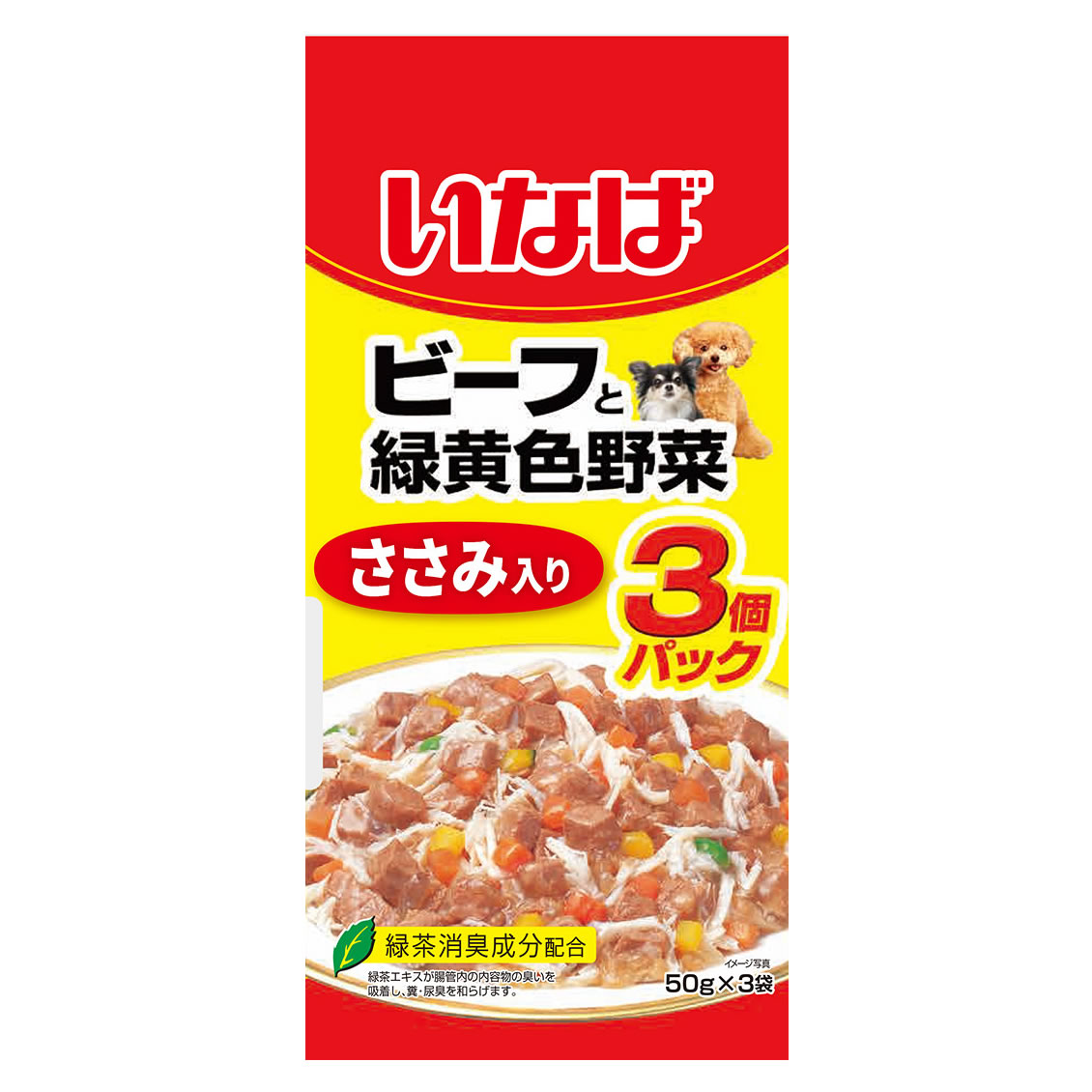 リニューアルに伴いパッケージ・内容等予告なく変更する場合がございます。予めご了承ください。 名　称 ビーフと緑黄色野菜　ささみ入り 内容量 50g×3袋 特　徴 ◆ビーフに緑黄色野菜とささみを一緒にパックしました。食べやすいソフトゼリータイプ。 ◆緑茶消臭成分配合 緑茶エキスが腸管内の内容物の臭いを吸着し、糞・尿臭をやわらげます。 原材料 鶏肉（レバー、ささみ）、野菜（人参、かぼちゃ、グリンピース）、牛肉、パン粉、鶏脂、卵白粉末、でん粉、タンパク加水分解物、ビーフエキス、寒天、カゼインナトリウム、増粘多糖類、乳酸カルシウム、ビタミンE、紅麹色素、緑茶エキス 保証成分値 たんぱく質5.0％以上、脂質2.0％以上、粗繊維0.4％以下、灰分1.5％以下、水分90.0％以下、約35kcal/袋 区　分 ドッグフード(ウェット)/中国製 ご注意 ◆本品記載の使用法・使用上の注意をよくお読みの上ご使用下さい。 販売元 いなばペットフード株式会社　静岡市清水区由比町北田114-1 お客様相談室　電話：0120-178-390 広告文責 株式会社ツルハグループマーチャンダイジング カスタマーセンター　047-409-4023 JANコード：4901133779732