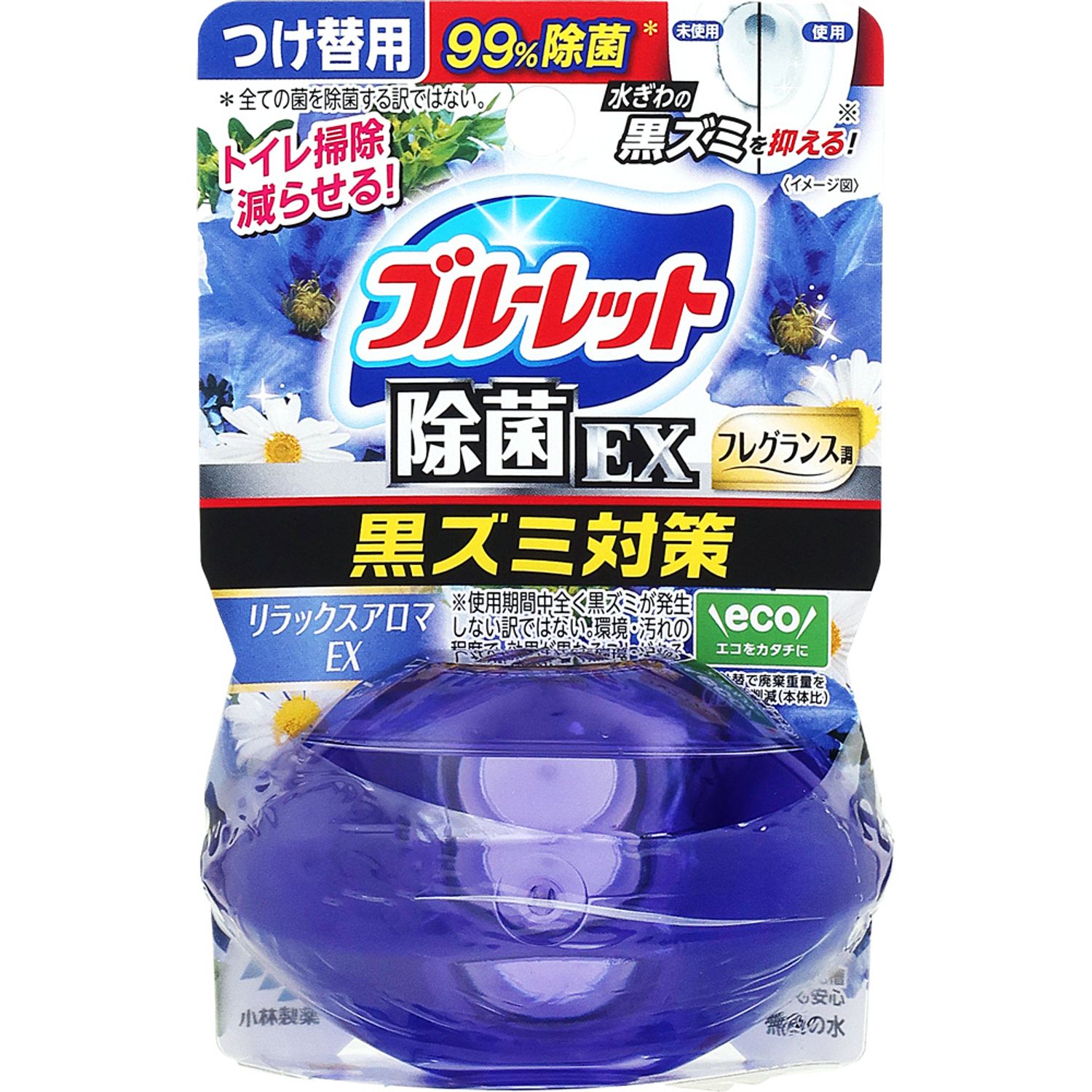 リニューアルに伴いパッケージ・内容等予告なく変更する場合がございます。予めご了承ください。 名　称 液体ブルーレットおくだけ　除菌EX　フレグランス　つけ替用　リラックスアロマEX 内容量 67ml 特　徴 トイレ掃除減らせる！ 水ぎわの黒ズミを抑える！※ 黒ズミ対策 ※使用期間中全く黒ズミが発生しない訳ではない。環境・汚れの程度で、効果が異なることがある。 無色の水 ◆汚れの付着を抑え、便器のきれいを保ちます。 ・使用環境・汚れの程度により、効果や持ち期間が異なることがある。 ・水の流れない部分の汚れは防げない。 ◆除菌率99％です。 ＊水ぎわの黒ズミ原因菌への効果。全ての菌を除菌する訳ではない。小林製薬の実験室内の検証結果による。 ◆標準的な使用で約1ヶ月間（3-4週間）使用できます。 （気温・水温・水量などにより、多少変化します。） ◆便器やタンクに影響を与えません 本品はタンク内の器具、便器、浄化槽及び浄化槽内のバクテリアへの影響に配慮し設計しています 成　分 界面活性剤（67％ ポリオキシアルキレンアルキルエーテル、第四級アンモニウム塩系）、安定化剤（グリセリン）、香料 液性・・・弱酸性-弱アルカリ性 使用方法 注意：ボトルについている止栓キャップを絶対にはずさないでください。 ［1］お願い：効果を発揮させるために、便器を掃除してからご使用ください。 使用済のボトルをタンクの上でひねりながらはずす。 ［2］逆さまに持って突起部で止栓キャップを突き破り、ボトルと下容器に隙間がないように差し込む。 注意：脚部で絶対ささない ［3］手洗い部に置き、液の通りをよくするためにボトルを2-3回へこむ程度に強く押す。 ・セットが不十分な場合は液がこぼれ、短期間でなくなる場合があります。 ・自然に液が減るので容器に直接水があたらなくても使えます。 【使えないもの】 ・タンクに手洗いのないトイレ ・タンクの水をおしり洗浄に使うトイレ ・簡易水洗トイレ（くみ取り式） 【用途】水洗トイレ用 【使用量の目安】手洗い付トイレタンクに1個 区　分 水洗トイレ用芳香洗浄剤、トイレ用合成洗剤/日本製 ご注意 ◆本品記載の使用法・使用上の注意をよくお読みの上ご使用下さい。 販売元 小林製薬株式会社　大阪市中央区道修町4-4-10 お問い合わせ　電話：0120-5884-07 広告文責 株式会社ツルハグループマーチャンダイジング カスタマーセンター　047-409-4023 JANコード：4987072092804