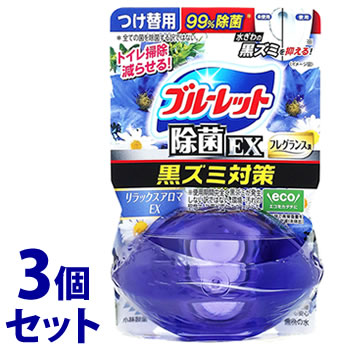 リニューアルに伴いパッケージ・内容等予告なく変更する場合がございます。予めご了承ください。 名　称 《セット販売》　液体ブルーレットおくだけ　除菌EX　フレグランス　つけ替用　リラックスアロマEX 内容量 67ml×3個 特　徴 トイレ掃除減らせる！ 水ぎわの黒ズミを抑える！※ 黒ズミ対策 ※使用期間中全く黒ズミが発生しない訳ではない。環境・汚れの程度で、効果が異なることがある。 無色の水 ◆汚れの付着を抑え、便器のきれいを保ちます。 ・使用環境・汚れの程度により、効果や持ち期間が異なることがある。 ・水の流れない部分の汚れは防げない。 ◆除菌率99％です。 ＊水ぎわの黒ズミ原因菌への効果。全ての菌を除菌する訳ではない。小林製薬の実験室内の検証結果による。 ◆標準的な使用で約1ヶ月間（3-4週間）使用できます。 （気温・水温・水量などにより、多少変化します。） ◆便器やタンクに影響を与えません 本品はタンク内の器具、便器、浄化槽及び浄化槽内のバクテリアへの影響に配慮し設計しています 成　分 界面活性剤（67％ ポリオキシアルキレンアルキルエーテル、第四級アンモニウム塩系）、安定化剤（グリセリン）、香料 液性・・・弱酸性-弱アルカリ性 使用方法 注意：ボトルについている止栓キャップを絶対にはずさないでください。 ［1］お願い：効果を発揮させるために、便器を掃除してからご使用ください。 使用済のボトルをタンクの上でひねりながらはずす。 ［2］逆さまに持って突起部で止栓キャップを突き破り、ボトルと下容器に隙間がないように差し込む。 注意：脚部で絶対ささない ［3］手洗い部に置き、液の通りをよくするためにボトルを2-3回へこむ程度に強く押す。 ・セットが不十分な場合は液がこぼれ、短期間でなくなる場合があります。 ・自然に液が減るので容器に直接水があたらなくても使えます。 【使えないもの】 ・タンクに手洗いのないトイレ ・タンクの水をおしり洗浄に使うトイレ ・簡易水洗トイレ（くみ取り式） 【用途】水洗トイレ用 【使用量の目安】手洗い付トイレタンクに1個 区　分 水洗トイレ用芳香洗浄剤、トイレ用合成洗剤/日本製 ご注意 ◆本品記載の使用法・使用上の注意をよくお読みの上ご使用下さい。 販売元 小林製薬株式会社　大阪市中央区道修町4-4-10 お問い合わせ　電話：0120-5884-07 広告文責 株式会社ツルハグループマーチャンダイジング カスタマーセンター　047-409-4023 JANコード：4987072092804