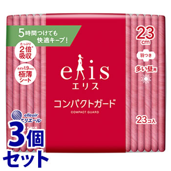 リニューアルに伴いパッケージ・内容等予告なく変更する場合がございます。予めご了承ください。 名　称 《セット販売》　エリス　コンパクトガード　多い昼用　羽つき　23cm 内容量 23枚×3個 特　徴 ◆5時間つけても快適キープ！極薄シートなのにたっぷり吸収。生理用品らしくない個包装で持ち運びしやすい。 ・5時間べたつきにくい 経血をたっぷり吸収しても、5時間べたつきにくい＊。 ・たっぷり2倍＊吸収 スリムなのに超吸収ポリマーがぎっしり詰まっているので、ふつうのナプキンの2倍＊吸収。 ・わずか1.9mmの極薄シート 個包装もスリムで持ち運び時もコンパクト。 ・動いてもしっかり固定 ショーツ装着部分の面積＊＊UPで動いてもモレ安心。 ・足まわりの違和感低減 両サイドのフチ部分のなめらかさ4％UP＊＊。 ＊大王製紙「エリス 新・素肌感 ふつう-多い日の昼用 羽つき」との比較 ＊＊大王製紙従来品比 構成材料 表面材：ポリエステル/ポリエチレン 色調：白 区　分 医薬部外品/生理用ナプキン(昼用)/日本製 ご注意 ●お肌に合わないときは医師に相談してください。 使用後のナプキンは、個別ラップに包んで捨ててください。 使用後、トイレに流さないでください。 使用後のナプキンは専用箱に捨ててください。 ●開封後は、ほこりや虫等が入り込まないよう、衛生的に保管してください。 ◆本品記載の使用法・使用上の注意をよくお読みの上ご使用下さい。 販売元 大王製紙株式会社　東京都千代田区富士見2-10-2 お問い合わせ　エリエールお客様相談室　電話：0120-205205 広告文責 株式会社ツルハグループマーチャンダイジング カスタマーセンター　047-409-4023 JANコード：4902011890082