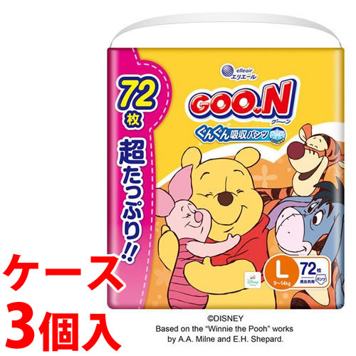※ケース販売について システム管理上の都合により、ケースの外箱を一度開封して出荷させていただく場合があります。また、商品を弊社の箱へ入れ替えて出荷させていただく場合がございます。ご了承ください。実際の商品と掲載画像及びキャラクターが一部異なる場合がございます。また、商品の色はお選びいただけません。ご了承ください。リニューアルに伴いパッケージ・内容等予告なく変更する場合がございます。予めご了承ください。 商品名称 《ケース》　グ—ン　ぐんぐん吸収パンツ　L　超たっぷり　72枚 内容量 72枚×3個 特　徴 おむつ替えが楽しくなるディズニーデザイン　全8種類、たっぷりおしっこをすばやく吸収！ スピード吸収体、たっぷりおしっこをすばやく吸収！ スピード吸収体●ディズニーデザインでおむつ替えをもっと楽しく！●「スピード吸収体」でたっぷりおしっこをすばやく吸収。●「ぴったりモレガード構造」ですきまモレをがっちりガード。●消臭機能付きで気になるニオイを軽減。●全面通気性シートで、おむつ内のムレを追い出す。●おしっこお知らせライン付きで、おむつの替え時がわかりやすい。●大きめ設計だから1つのサイズを長-く使える。 区　分 ベビー紙おむつ/おむつ/大王製紙/エリエール/グーン/パンツ/原産国:日本 保管及び取扱い上の注意（免責） 開封後は、ほこりや虫が入り込まないよう、衛生的に保管してください。 注意事項 ●実際の商品と掲載画像及びキャラクターが一部異なる場合がございます。また、商品の色はお選びいただけません。ご了承ください。●お子様が紙おむつを口に入れたりしないよう、お子様の手の届かない所に保管してください。●お肌に合わない時はご使用を中止して、医師にご相談ください。●暖房器具の近く等、高温になる場所に置かないでください。●紙おむつ内部の高分子吸収材は、水分を吸収するとゼリー状の粒になりますが、お子様の肌に触れても安心です。●紙おむつですので、洗濯しないでください。あやまって洗濯した場合、紙おむつの中身が他の衣類につくことがありますが、その場合は水で充分に流してください。●汚れたおむつはこまめに交換してください。◆本品記載の使用法・使用上の注意をよくお読みの上ご使用下さい。 お問合せ先 大王製紙株式会社　東京都千代田区富士見2-10-2エリエールお客様相談室　電話：0120-205-205 広告文責 株式会社ツルハグループマーチャンダイジングカスタマーセンター　047-409-4023 JANコード：4902011116564